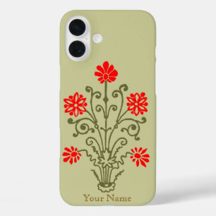 Coques iPhone 16 Plus Etching Vintage et rouge floral modifiable