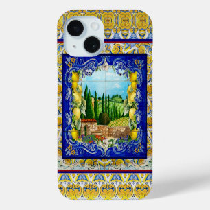 Coque Pour iPhone 15 été italien Majolica bleu carreaux jardin d'agrume