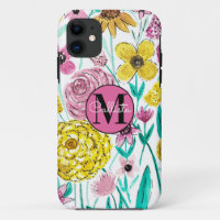 Été rose Fleurs Jaunes Aquarelle Monogramme