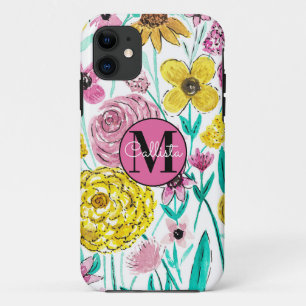 Case-Mate iPhone Case Été rose Fleurs Jaunes Aquarelle Monogramme
