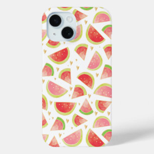 Coque Pour iPhone 15 Eté Watermelon Slices & Gold Heart Motif