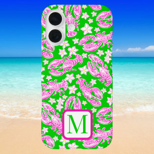 Coque Pour iPhone 16 Étiquette Rose Homard Floral Vert Monogramme