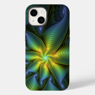 Coque Pour iPhone 14 Etoile Abstraite, Bleu brillant Vert Or Fractal Ar
