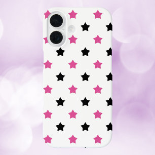 Coque Pour iPhone 16 Étoiles Motif noir rose Arrière - plan blanc