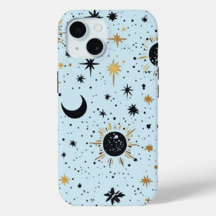 Coque Pour iPhone 15 Étoiles noires, dorées et bleues célestes de la lu