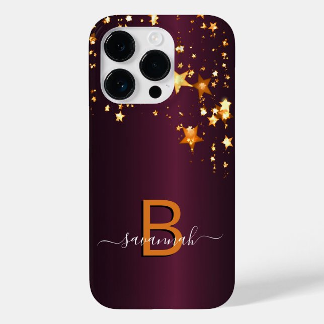 Coques Case-Mate iPhone Étoiles or Bourgogne monogramme nom script (Verso)