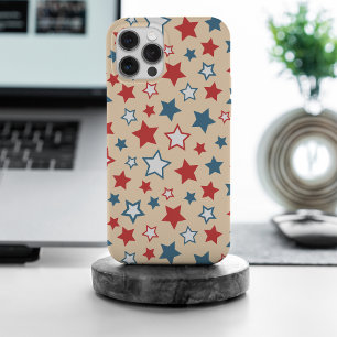 Coque iPhone 15 Pro Max Étoiles rouges et bleues, 4 juillet, fond beige