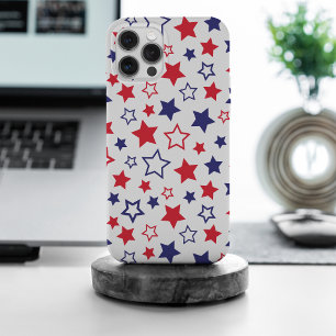 Coque iPhone 15 Pro Max Étoiles rouges et bleues, 4 juillet, fond blanc