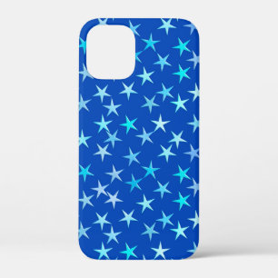 Coque iPhone 12 Mini Étoiles satinées, bleu pâle sur cobalt