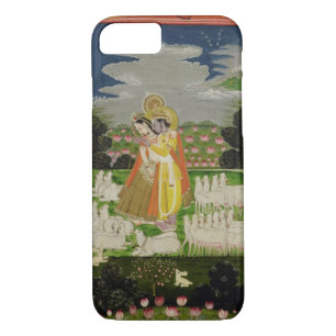 Coque iPhone 7 Étreinte de Radha et de Krishna dans un landscap