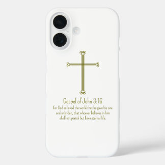Coque Pour iPhone 16 Évangile de Jean 3:16 Croix dorée Simple Blanc