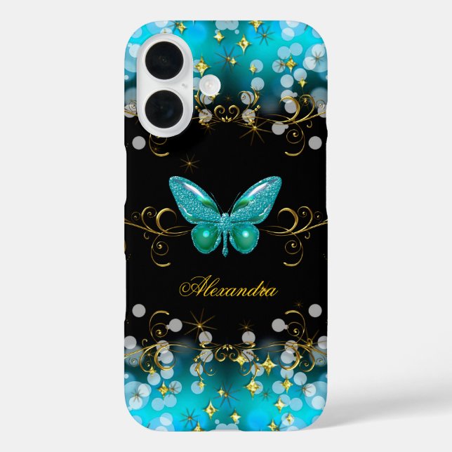 Coques Case-Mate iPhone Exotic Turquoise Blue Gold Black Butterfly Sparkle (Verso)