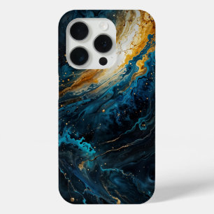 Coque iPhone 15 Pro Explosion cosmique Abstrait bleu et or