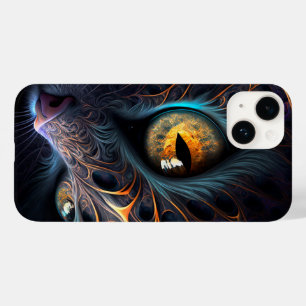 Coque Pour iPhone 14 Face de chat fractale en noir et colorants vibrant