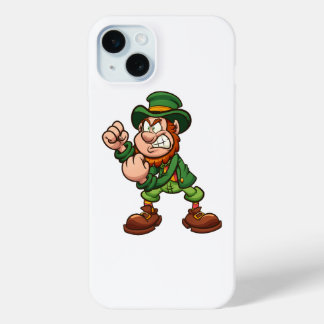 Coque iPhone 15 Mini fâché leprechaun tenant les poings debout prêt à c