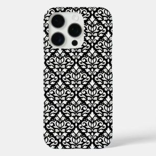 Coques iPhone 16 Pro Faire défiler Damask blanc sur le Motif noir