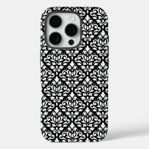 Coques iPhone 16 Pro Faire défiler Damask blanc sur le Motif noir