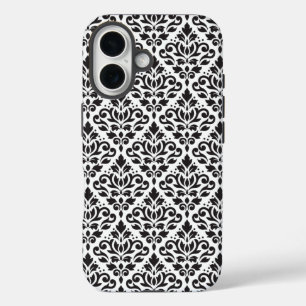 Coque Pour iPhone 16 Faire défiler Damask noir sur Motif blanc