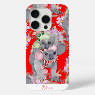 Coque iPhone 15 Pro Famille de koalas personnalisée Noël rouge