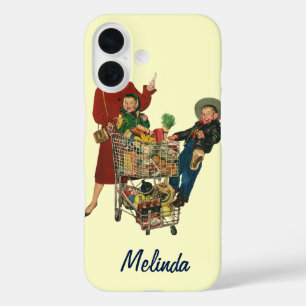 Coques iPhone 16 Famille Rétro, Maman et Enfants Chariot de Courses