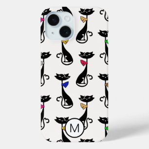 Coque Pour iPhone 15 Fancy Black Cats Quirky Motif Monogramme