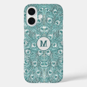 Coque Pour iPhone 16 Fancy Vintage Peacock Feathers Turquoise avec Mono