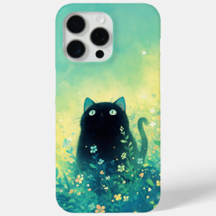 Coque iPhone 15 Pro Max Fantaisie Florale au Chat Noir