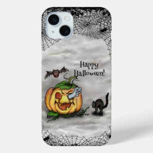 Coque iPhone 15 Mini Fantôme, Chat, Chat et Citrouille, Bonne Halloween