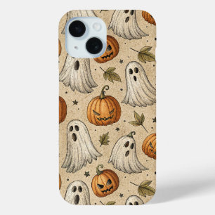 Coque Pour iPhone 15 Fantômes vintages et Citrouilles Motif d'Halloween
