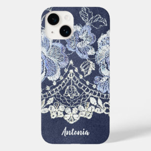 Coque Pour iPhone 14 Faux Blue Velvet et broderie en dentelle simulée