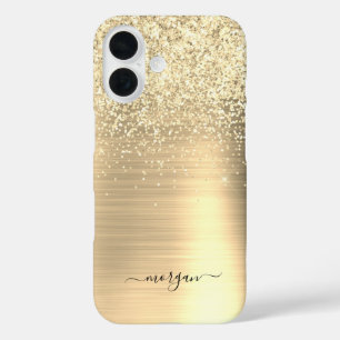 Coque Pour iPhone 16 Faux Brossé métal d'or, Parties scintillant, Nom d