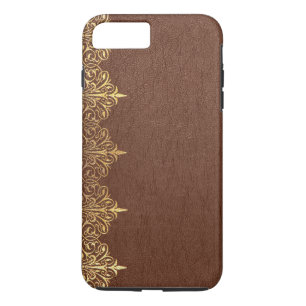 Coques Pour iPhone Faux Brown Vintage Cuir Or Frontière Florale No 2