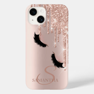Coque Pour iPhone 14 Faux Cils Pailletés Rose Gold Gouttes
