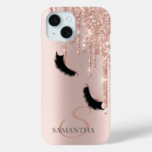 Coque Pour iPhone 15 Faux Cils Pailletés Rose Gold Gouttes