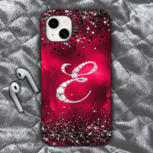 Coque Pour iPhone 15 Faux de cristal lettre de strass E rouge noir