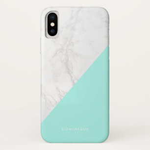 Coque iPhone X Faux Marbre avec Aqua Accent Moderne Personnalisé