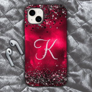 Coque Pour iPhone 15 Faux stylisé Crystal rhinestone lettre K rouge noi