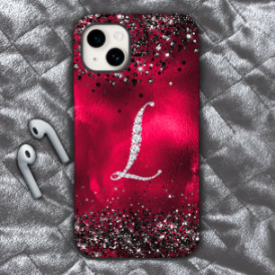 Coque Pour iPhone 15 Faux stylisé Crystal rhinestone lettre L rouge noi