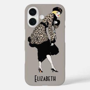Coques iPhone 16 Femme Art Déco vintage en veste Empreinte de léopa