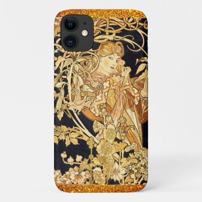 Coques Case-Mate iPhone Femme Art nouveau avec fleurs or noir (Dos)