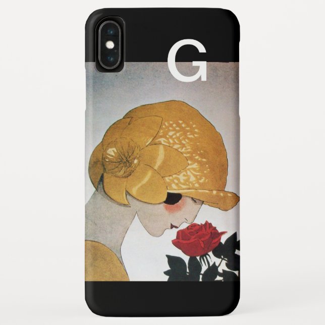 COQUES Case-Mate iPhone FEMME AVEC ROSE ROSE ROUGE ART DÉCO MONOGRAM (Dos)