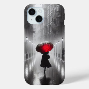 Coque Pour iPhone 15 Femme Avec Un Parapluie Rouge Dans La Pluie