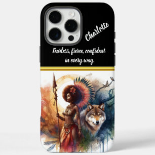 Coques iPhone 16 Pro Max Femme guerrière avec loup à l'aube