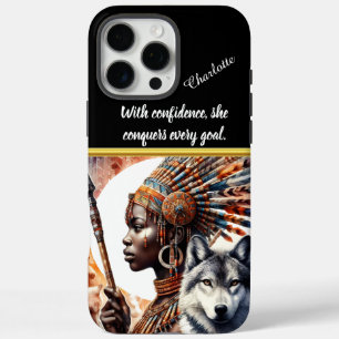 Coques iPhone 16 Pro Max Femme guerrière avec loup d'esprit au crépuscule