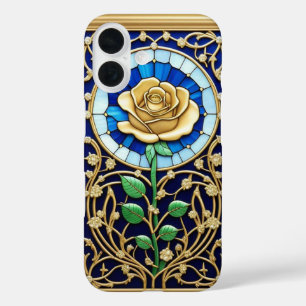Coque Pour iPhone 16 Fenêtre élégante en verre coloré avec rose dorée