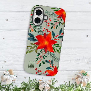 Coque Pour iPhone 16 Festif Rouge Poinsettia Noël Floral Monogramme