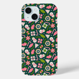 Coque Pour iPhone 15 Festive Christmas Winter Holiday Pattern In Green 