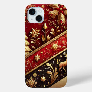 COQUE iPhone 15 MINI FESTIVE ROUGE & ARBRES DE NOËL OR HOLLY