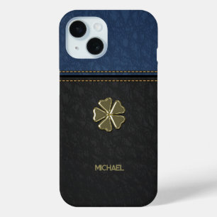 Coque Pour iPhone 15 Fête de la Saint-Patrick Shamrock, Cuir Noir Bleu