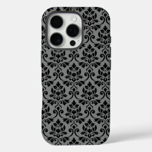 Coques iPhone 16 Pro Feuille Damask Patte noir sur gris